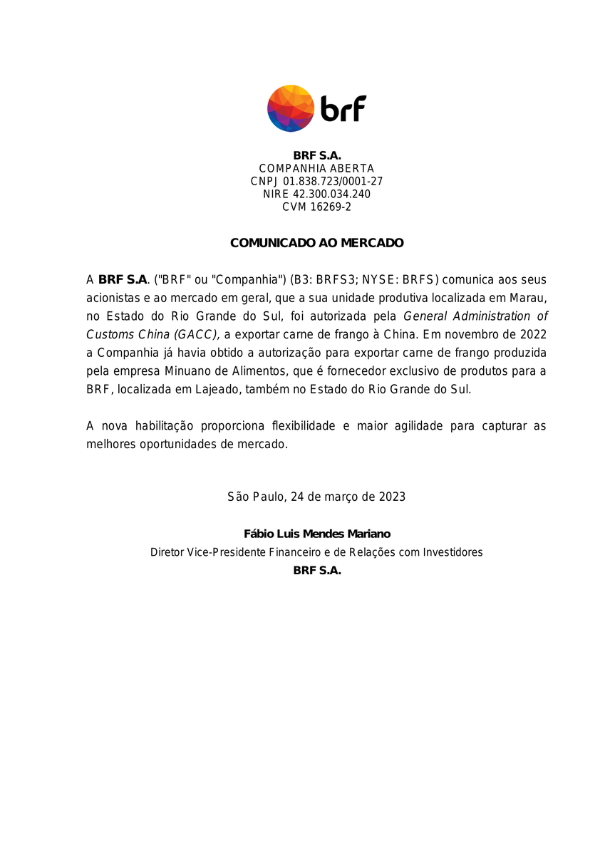 CalixtoCapital's tweet image. #BRFS | BRF SA | Comunicado ao Mercado
