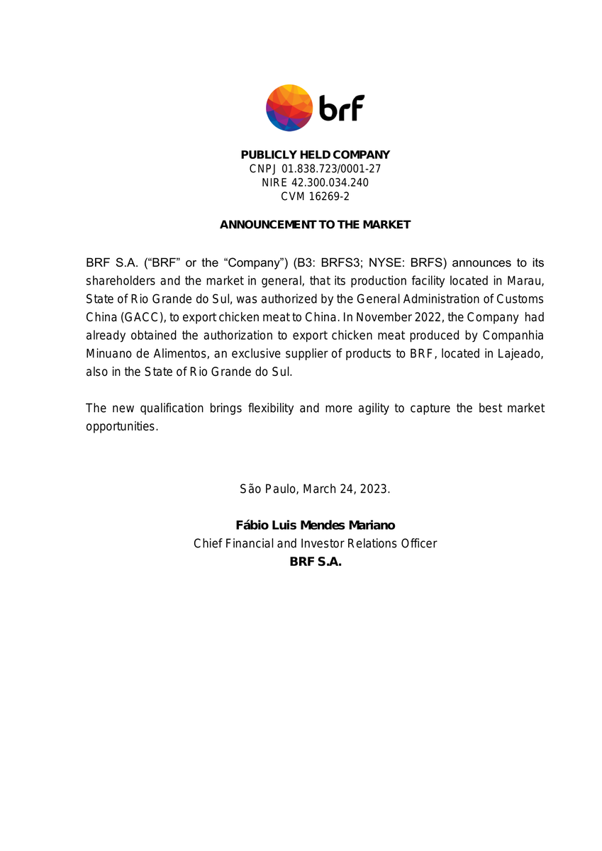 CalixtoCapital's tweet image. #BRFS | BRF SA | Comunicado ao Mercado