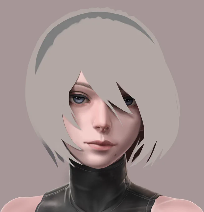 あと髪の毛服ももうちょっと描き込みたい#NieRAutomata  #ニーアオートマタ #2B #ヨルハ二号B型  #模写 #眼帯無し #途中 