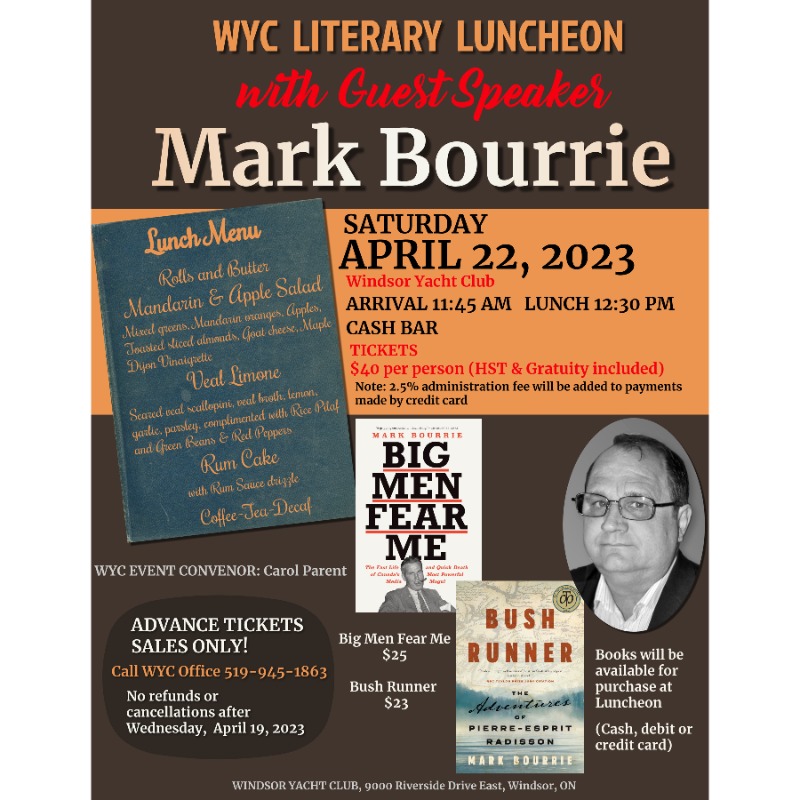 wyc1937's tweet photo. WYC LITERARY LUNCHEON - Open to non-members
Guest speaker Mark Bourrie
Saturday April 22, 2023
Arrival 11:45 AM Lunch 12:30 PM
$40/person (HST & Gratuity included)
Advanced ticket sales only. Please call 519-945-1863
#WYC85Years #wyc1937 #literary https://t.co/BphkSR0D84