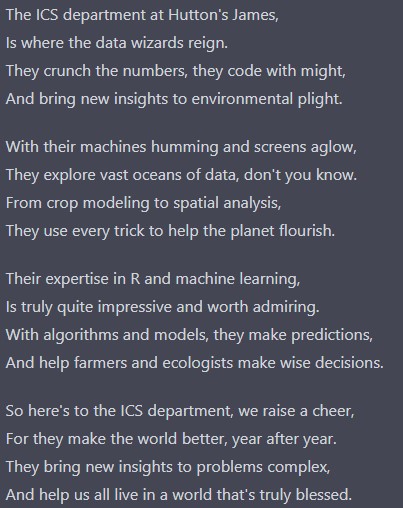 ICS James Hutton (@huttonics) on Twitter photo OK, it had to be done... I'd resisted for this long but could hold out no more!
Here's a #ChatGPT poem about <a href="/HuttonICS/">ICS James Hutton</a> 🤪
Have a great weekend everyone! OK, it had to be done... I'd resisted for this long but could hold out no more!
Here's a #ChatGPT poem about <a href="/HuttonICS/">ICS James Hutton</a> 🤪
Have a great weekend everyone!