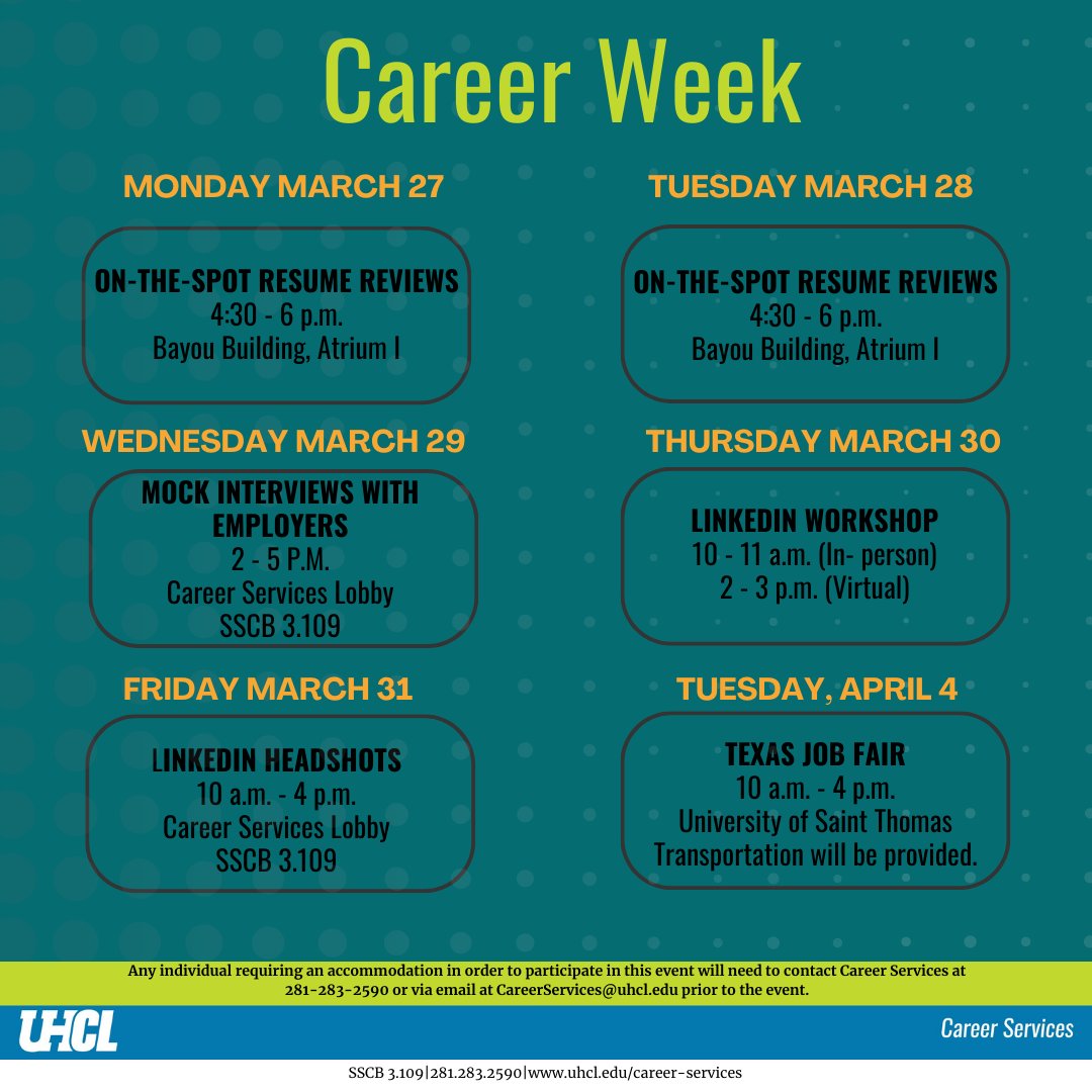 In order to prepare you for the Texas Job Fair and the Teacher Career Fair Career Services will be  hosting Career Week next week! Be sure to check out the events we have arranged  to get you ready for the fairs! 💼
.
.
.
#CareerWeek #CareerFair #CareerReady #BusinessReady