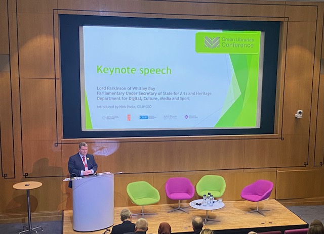 Lord Parkinson of Whitley Bay, Minister for Arts and Heritage <a href="/DCMS/">Department for Culture, Media and Sport</a>, introduced by our CEO <a href="/NickPoole1/">Nicholas Poole OBE Hon. FCLIP</a> sets out how important libraries are as 'engines of social mobility' and a 'great green business model'. #GreenLibrariesConference