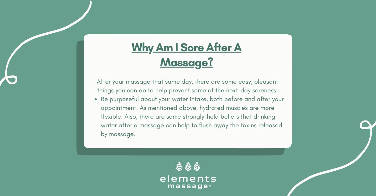 Elements_RVC's tweet image. After some massage sessions, it is normal to feel sore. To help prevent and combat any soreness, you must stay hydrated and stretch before and after your session. To read more of our FAQs, visit: bit.ly/3RIr6L3