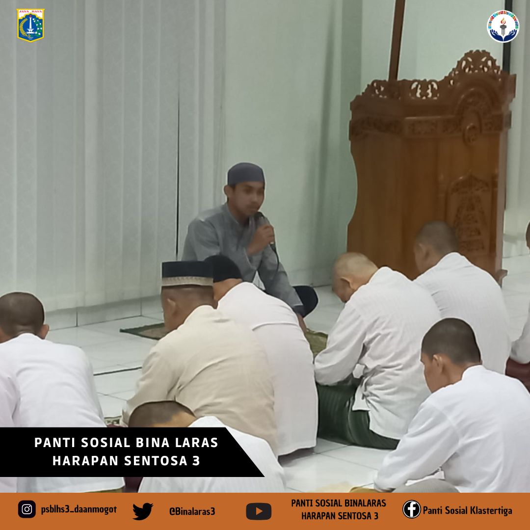 Binalaras3's tweet photo. Jum'at, 24 Maret 2023
Jam 04.00 WIB sd selesai

Kegiatan Cahaya Ramadhan Di Panti (CRDP) 3 WBS PSBL HS 3 bersama Musryif/Musryifah dan didampingi oleh petugas pendamping, al :
1. Sholat Tahajud 
2. Sholat Subuh berjama'ah
3. Murojaah surat An-Nas - surat Al-Zalzalah.
@DinsosDKI1 https://t.co/CdXUHUHZXc