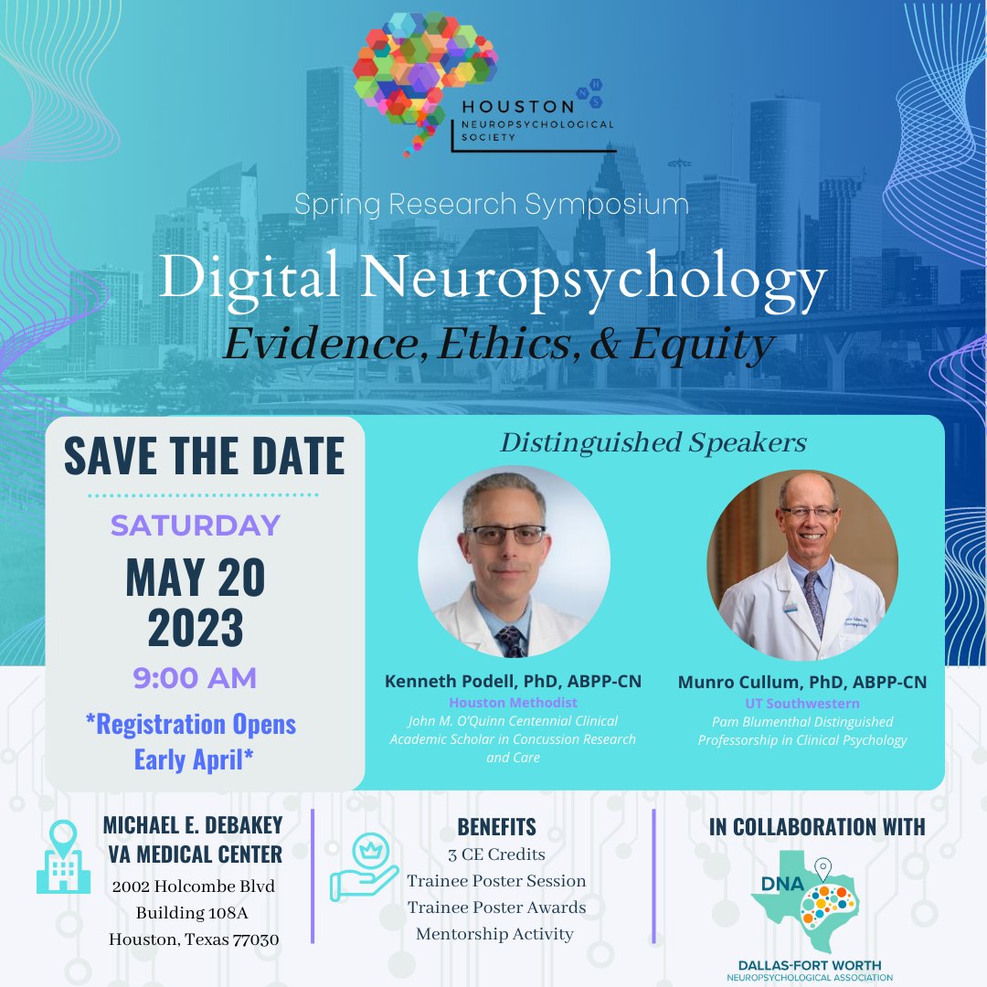 Excited to share that the Houston Neuropsychological Association will be hosting a research symposium on May 20th featuring DNA Neuropsychologist Munro Cullum, PhD, ABPP-CN! See website for details.