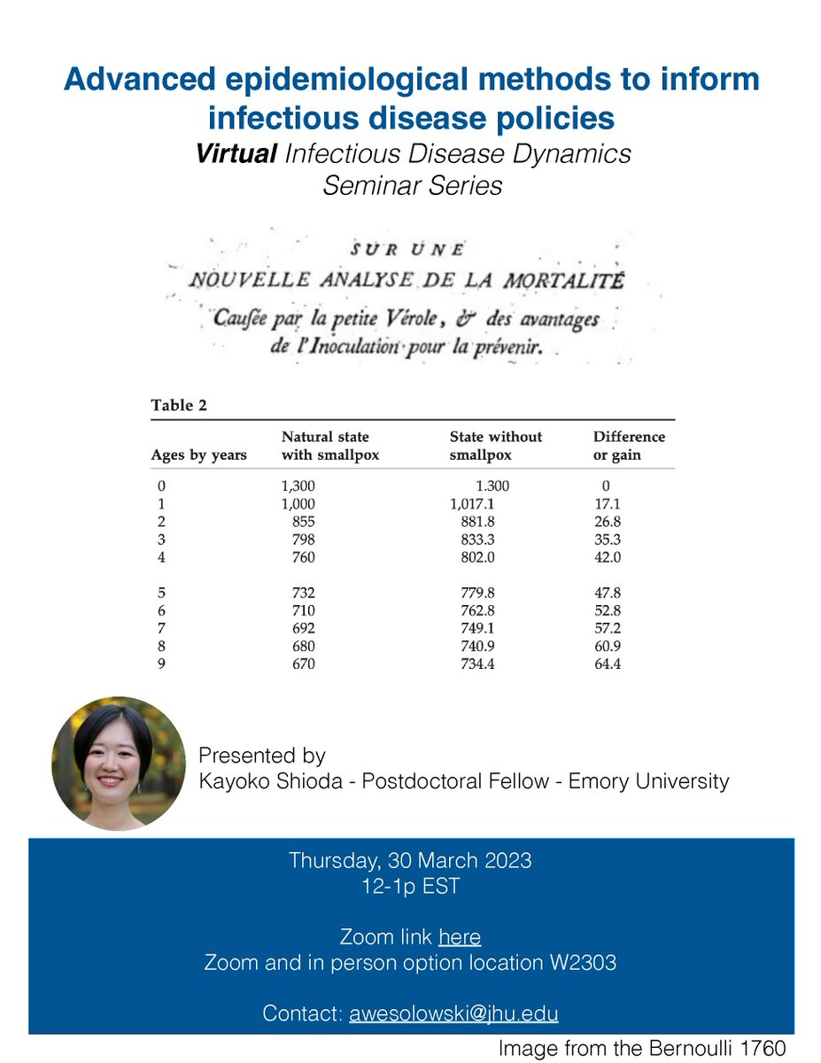 JHIDDynamics's tweet photo. Next up in our IDD Seminar Series is a talk from 
@KayokoShioda entitled, "Advanced epidemiological methods to inform infectious disease policies". Join us in person or on zoom next Thursday (3/30) to hear about this exciting work!

(DM for Zoom link) https://t.co/jEz1aY6lrC