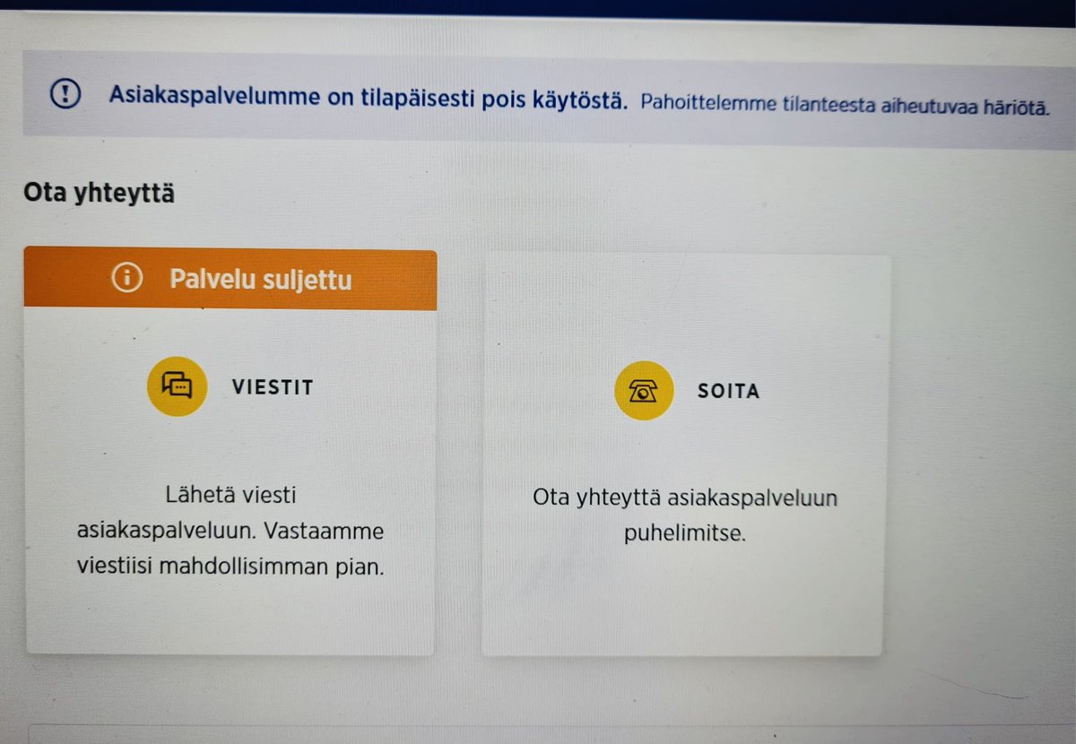 Kuluttajaliitto's tweet photo. Omien asioiden hoitaminen energiayhtiö Helenin Oma Helenissä sähköistä asiointikanavaa käyttäen on ollut jo pitkään poissa käytöstä. Puhelinpalveluun tuntien jonot. Mistä on kysymys @EnergiaHelen?
#asiakaspalvelu #kuluttajapalvelu #energiayhtiö #sähköyhtiö #jonotus https://t.co/wvfKKisXmr