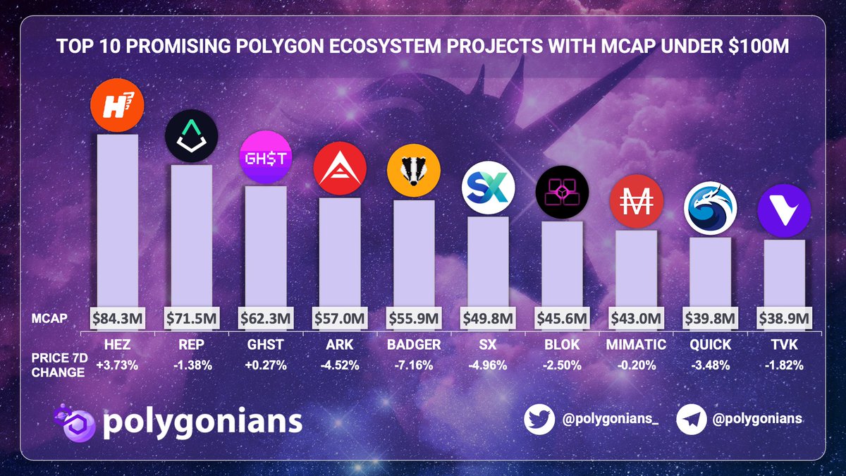 Polygonians_'s tweet photo. TOP 10 PROMISING @0XPOLYGON $MATIC ECOSYSTEM PROJECTS WITH MCAP UNDER $100M

$HEZ $REP $GHST $ARK $BADGER $SX $BLOK #MIMATIC $QUICK $TVK https://t.co/gYk6FZinFa