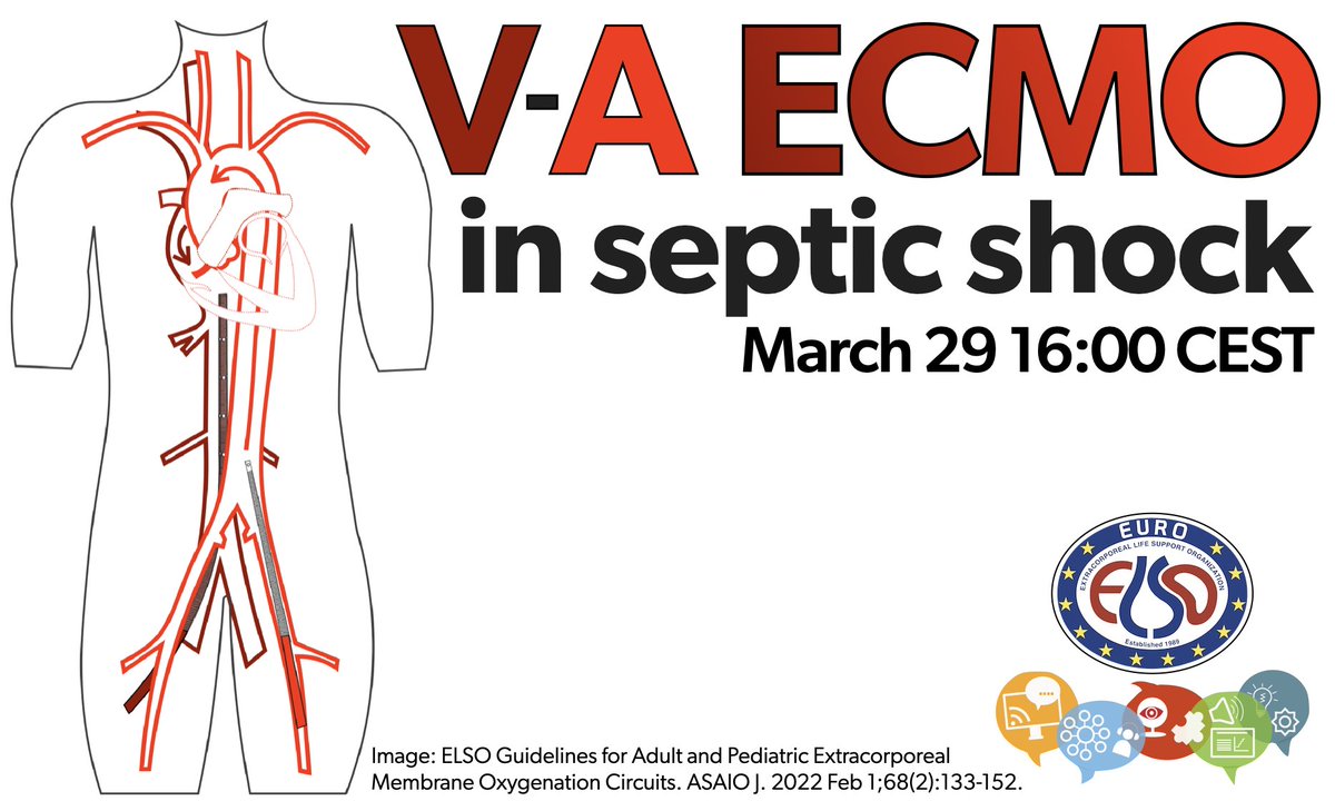 Do you want to know more on use of VA #ECMO in septic shock? Do NOT miss this <a href="/EuroELSO/">EuroELSO</a>  webinar!
🗓️ March 29 16 CEST 
🖋 bit.ly/40h4h5g

Background: <a href="/asaiojournal/">asaiojournal</a> <a href="/ELSOOrg/">ELSO</a>  guidelines for #ECLS circuit in adults/pediatric pts #FOAMcc #PedsICU
📖 bit.ly/3AGpIQX