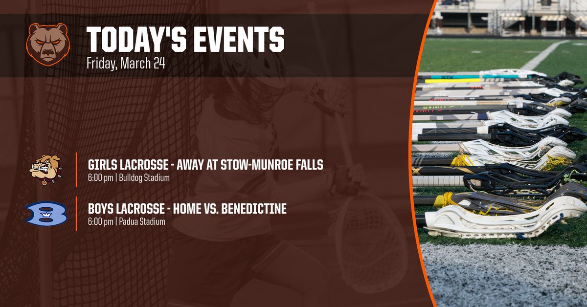 Padua Athletics (@paduaathletics) on Twitter photo It's GAMEDAY for <a href="/Padua_Girls_LAX/">Padua HS Girls Lacrosse</a> as they travel to Stow for a 6:00 pm draw, and <a href="/PaduaBruinsBLAX/">Padua Boys Lacrosse</a> host Benedictine for the season home opener!! Game time at Padua stadium is scheduled for 6:00 pm! #GoBruins #PlayLoud 🥍 It's GAMEDAY for <a href="/Padua_Girls_LAX/">Padua HS Girls Lacrosse</a> as they travel to Stow for a 6:00 pm draw, and <a href="/PaduaBruinsBLAX/">Padua Boys Lacrosse</a> host Benedictine for the season home opener!! Game time at Padua stadium is scheduled for 6:00 pm! #GoBruins #PlayLoud 🥍