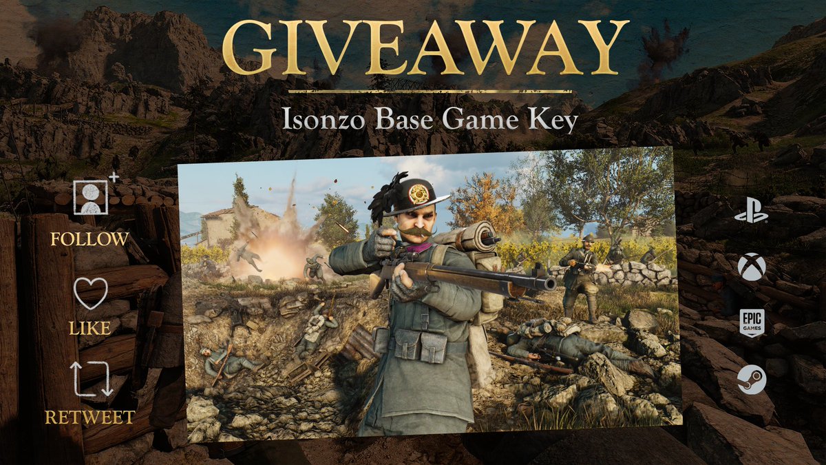 WW1GameSeries's tweet photo. 🎁 Giveaway 🎁

Be sure to participate and you might win a gamekey for Isonzo! PC or console!
Winner will be announced next monday

Good luck 🫡

#WW1 #Isonzo #Giveaway https://t.co/xXNXxDsLzB