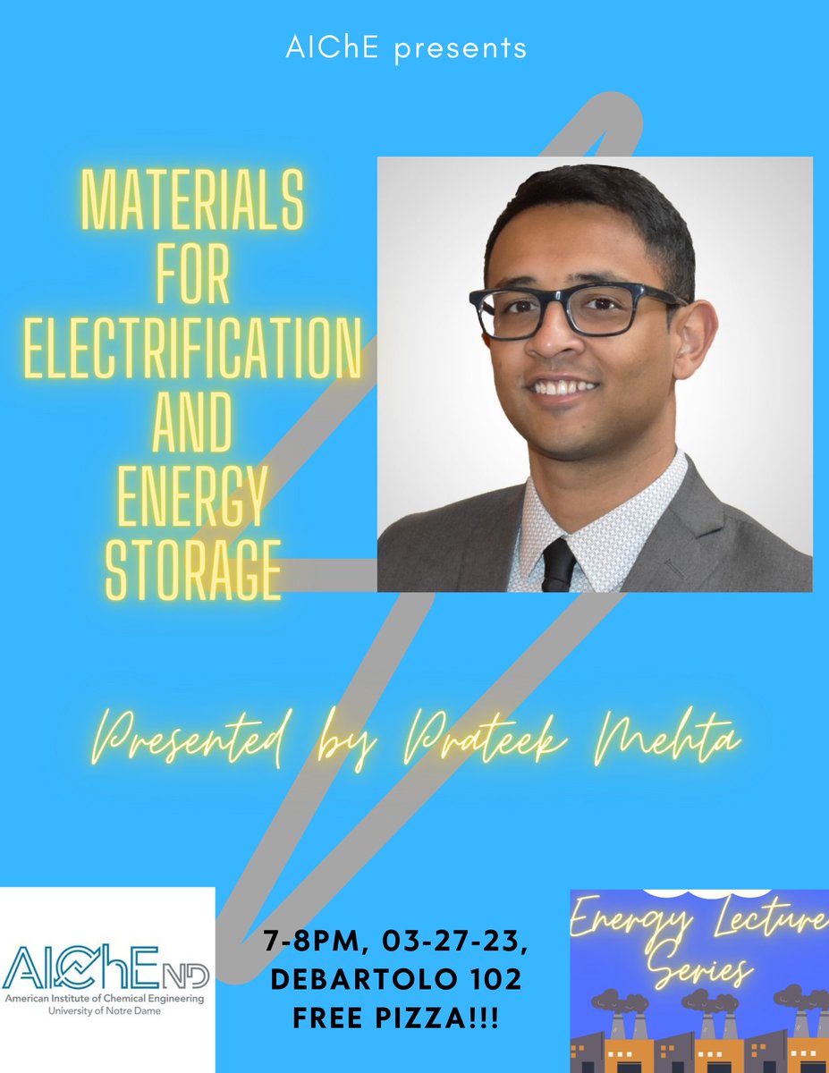 NDCBE's tweet photo. 2019 ND Alum, Dr. Prateek Mehta will be giving a talk on MONDAY, 3/27, at 7 pm via zoom, on improving energy storage capacity. The talk is sponsored by the ND student AICHE chapter. Dr. Mehta is a Scientist at Mitra Chem. 
Zoom link: https://t.co/vvJwqqfwEx https://t.co/A32G9tkdSP