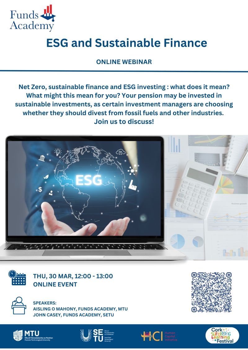 Not too late to sign up for our free 45 minute webinar next week on an intro to ESG & sustainable finance as part of @learning_fest Join us on 30th March 2023, 12 noon for a 45 minute webinar, with time for a short Q&A at the end. events.teams.microsoft.com/event/90f40da8…
 #corkcelebrateslearning