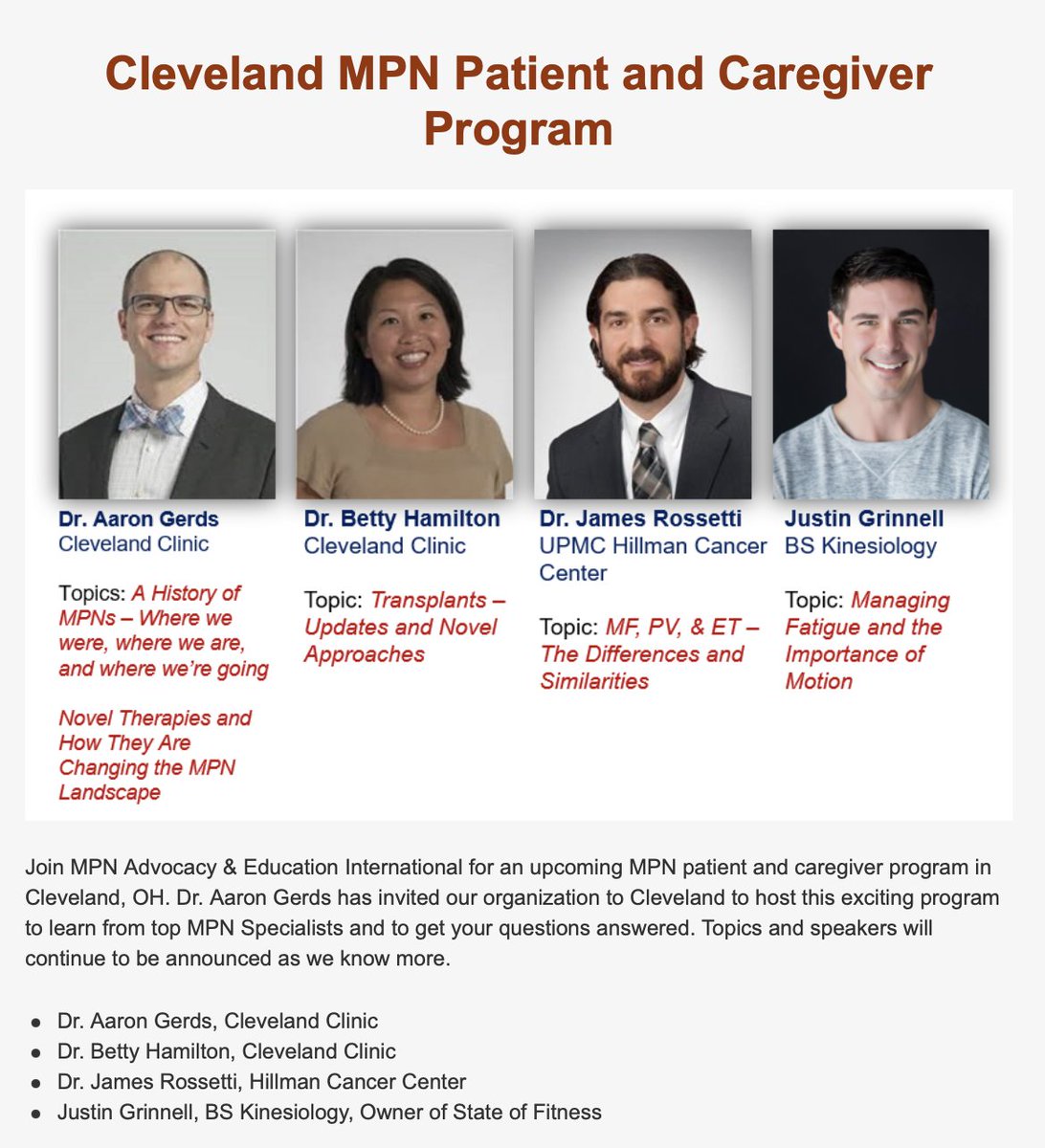 #CleClinicCancer #MPNsm Patient and Caregiver meeting coming up soon! with <a href="/mpnadvocacy/">MPN Ad&Ed Int'l</a>. <a href="/hamiltkyb/">Betty Ky Hamilton</a> of <a href="/ClevelandClinic/">Cleveland Clinic</a>, Dr. Rossetti of <a href="/UPMCHillmanCC/">UPMC Hillman Cancer Center</a>, and <a href="/JustinGrinnell4/">Justin Grinnell</a> of <a href="/StateofFitness/">State of Fitness</a> 

events.r20.constantcontact.com/register/event…