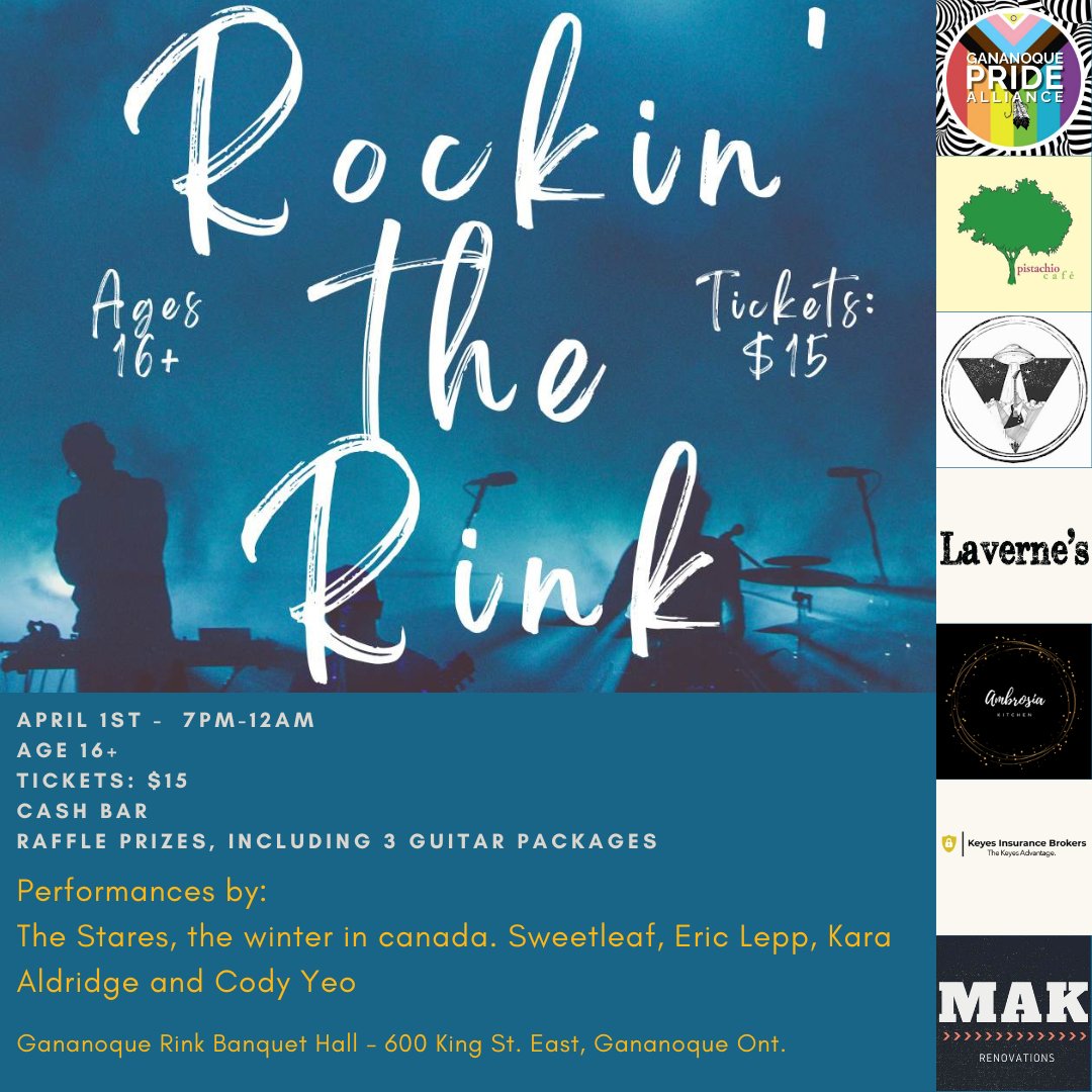 WinterinCanada's tweet photo. 8 days to go!!! @ganpridealliance presents Rockin' the Rink  Apr 1. Tix: $15 Gananoque Rink Banquet Hall - 600 King St. East, Gananoque Ont. 
Guitar Raffles and A @theriffmountain Merch and Demo Booth!  

https://t.co/SncLPQLaag https://t.co/L28tSPCbKz