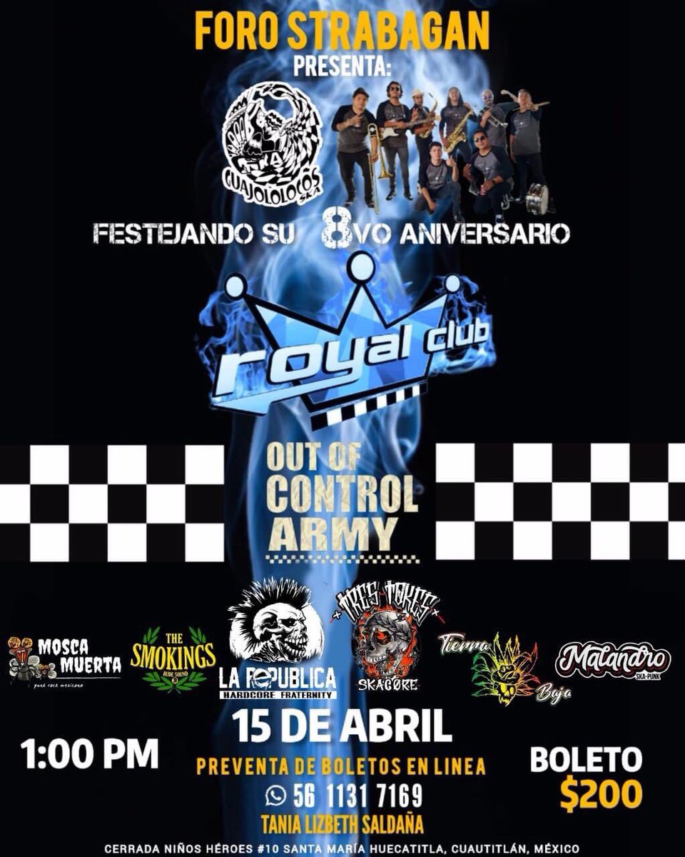¿Están listos para el 8º aniversario de <a href="/guajololocosska/">Guajololocos Ska oficial</a>? 
Padrinos de lujo: Royal Club y Out Of Control Army
🗓️: 15 de Abril 2023
📍: Foro Strabagan
🎫: <a href="/TICKETPLANETMX/">TICKET PLANET</a> 

#RadioSinLema