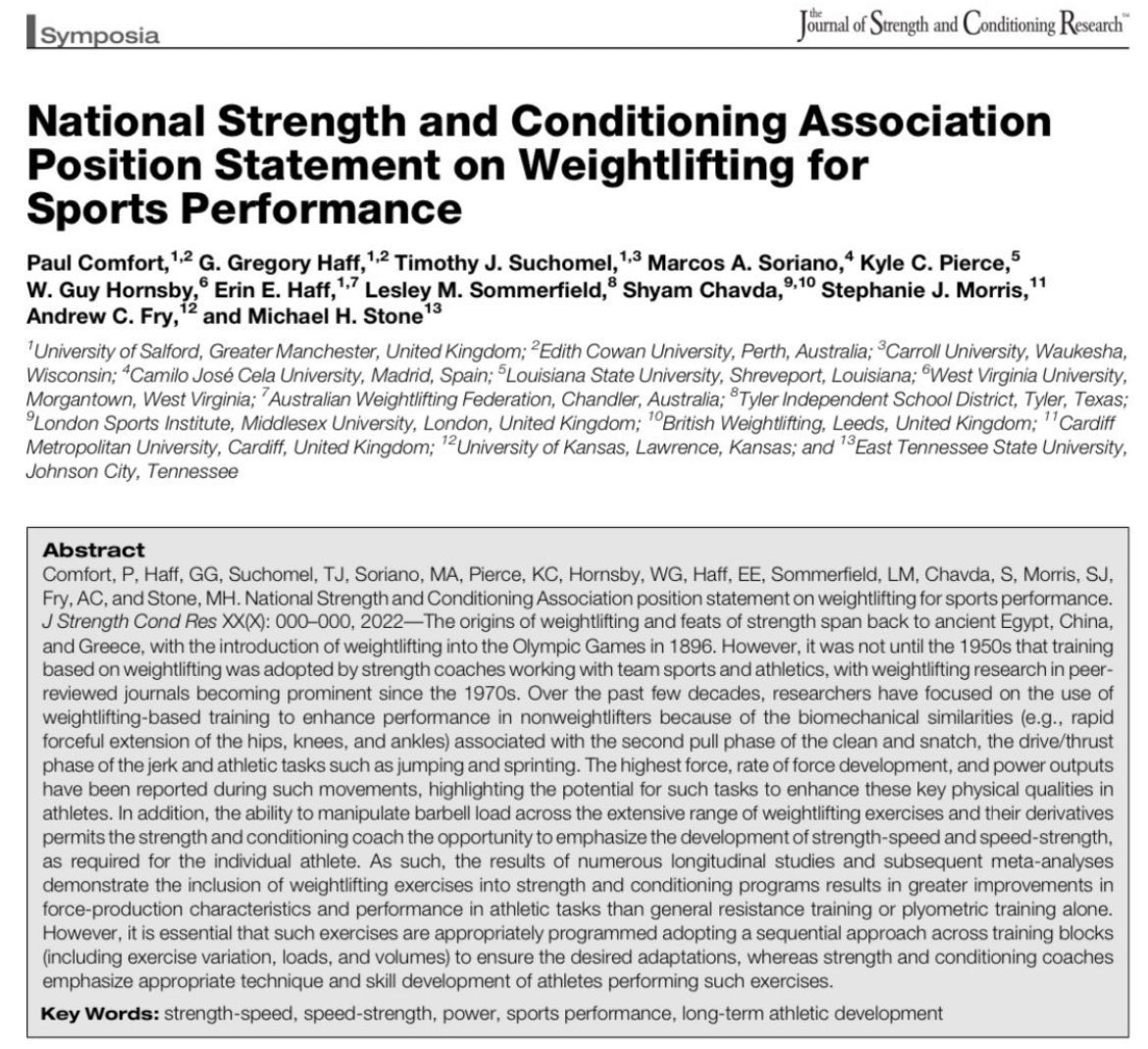 Great to see @stephmorris979 from the YPD Centre contributing to the @NSCA position statement on weightlifting for sports performance. This will be a highly influential paper for many coaches. @CardiffMetCSSHS @CSS_Research