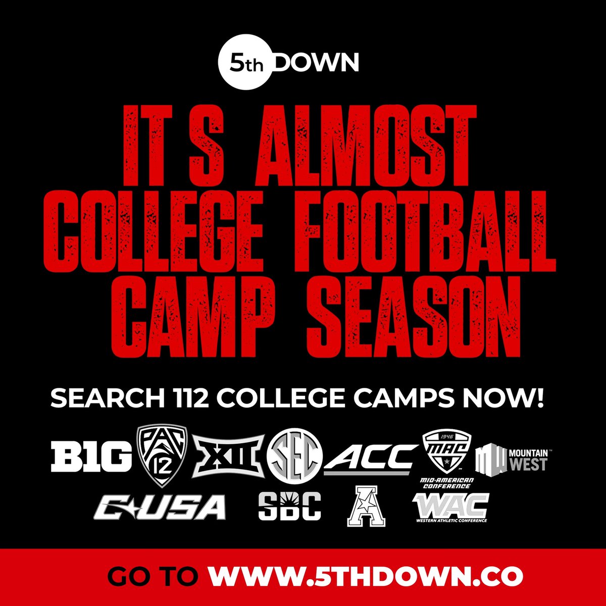 5thDownCo's tweet photo. We felt your pain and solved the problem! Find Every FBS Camp link all in one place 🤯
https://t.co/Owzo1aRneD #SEC #ACC #Big10 #Big12 #PAC12 #WAC #MAC #MWest #SBC #AAC #CUSA https://t.co/2y8eGwpZro