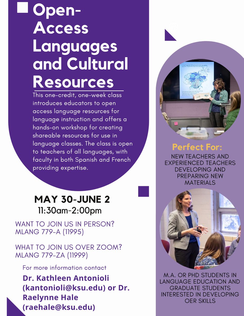 KStateModLangs's tweet photo. An Open-Acces Languages course is available May 30th-June 2nd, perfect for new and experenced teachers as well as M.A. an Ph.D students looking to develop thier materials and OER skills. https://t.co/LB90gt7aB7