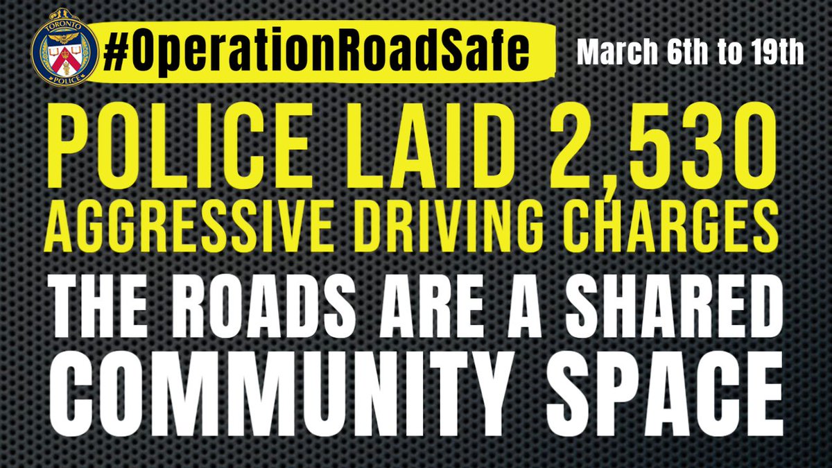 TrafficServices's tweet photo. #OperationRoadSafe ran from March 6-19, officers focused on driving behaviour known to cause serious injury &amp; death. @TorontoPolice laid 2,530 charges for aggressive driving during the campaign. #TrafficSafety is a shared responsibility &amp; the roads are a shared community space. https://t.co/Ow2CPIkFZL