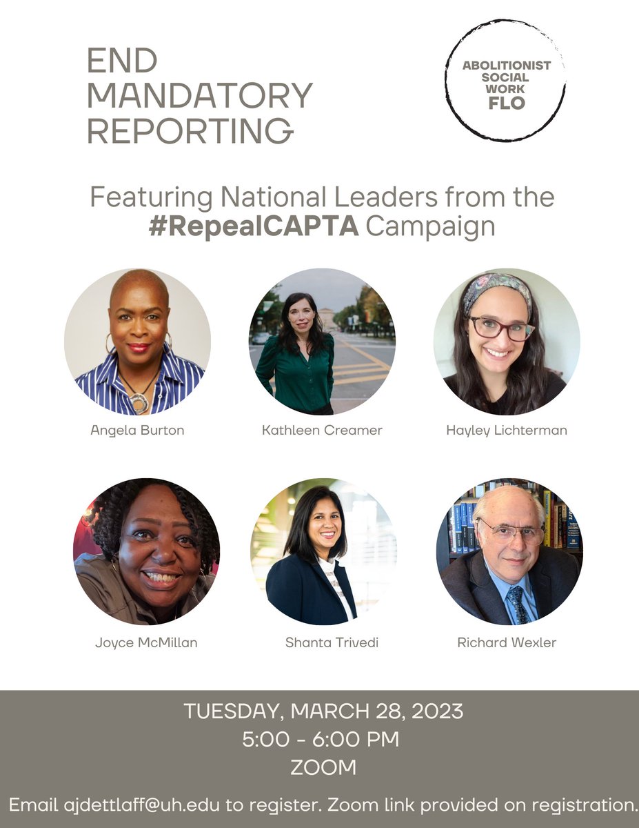 Alan Dettlaff (@alandettlaff) on Twitter photo .<a href="/UH_SocialWork/">UH Graduate College of Social Work</a> Students! The Abolitionist Social Work Focused Learning Opportunity (FLO) is hosting a conversation next week with some of the amazing leaders of #RepealCAPTA. If you want to learn more about the harms of mandatory reporting, and the effort to end this, join us! .<a href="/UH_SocialWork/">UH Graduate College of Social Work</a> Students! The Abolitionist Social Work Focused Learning Opportunity (FLO) is hosting a conversation next week with some of the amazing leaders of #RepealCAPTA. If you want to learn more about the harms of mandatory reporting, and the effort to end this, join us!