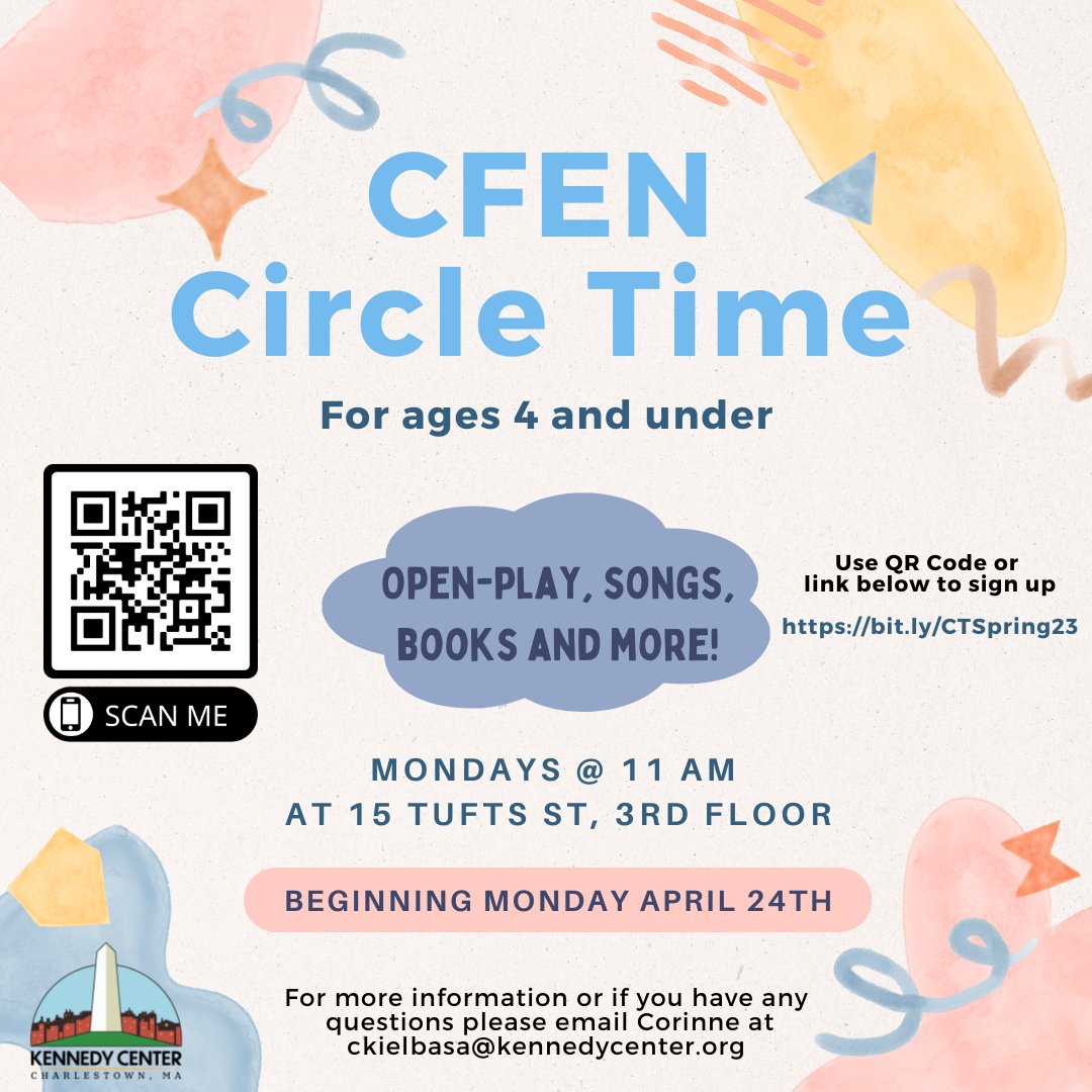 KennedyFSC's tweet image. Our Spring CFEN Circle Time session will start Monday, April 24th at 11 am! Interested? Sign-up with the QR Code or use the bitly link! #circletime #toddlerprogram #community #charlestown