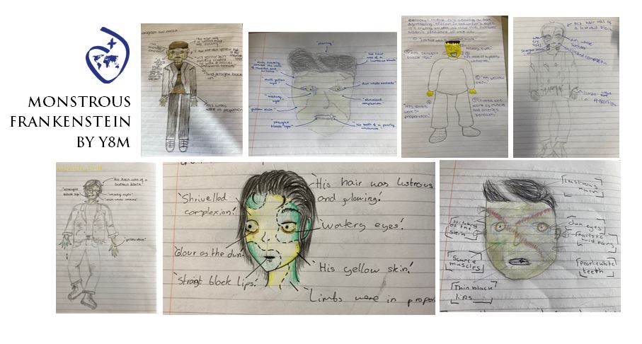 Monstrous Frankenstein in pictures, with annotations by Year 8M, as part of our Gothic Writing unit.

#shhshammersmith  #gothicwriting