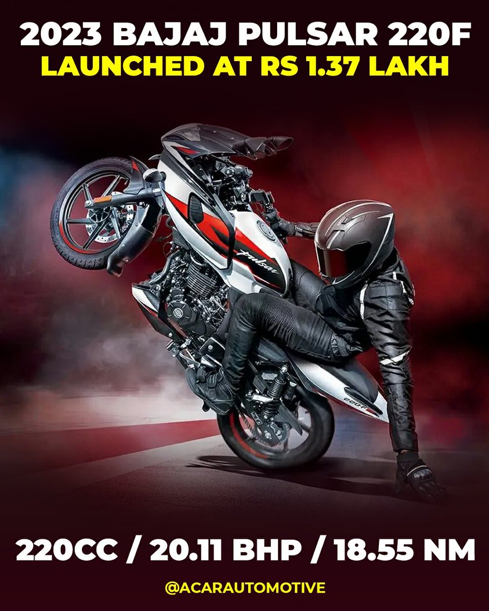 AcarAutomotive's tweet photo. #Bajaj re-launched the #Pulsar220F at Rs 1.37 lakh ex-showroom.

Things to know ⬇️

➡️ 220cc single-cylinder engine 
➡️ 20.11 bhp Power 
➡️ 18.55 NM Torque 
➡️ 5-speed gearbox 

#acarautomotive https://t.co/jt73Ggm0T9