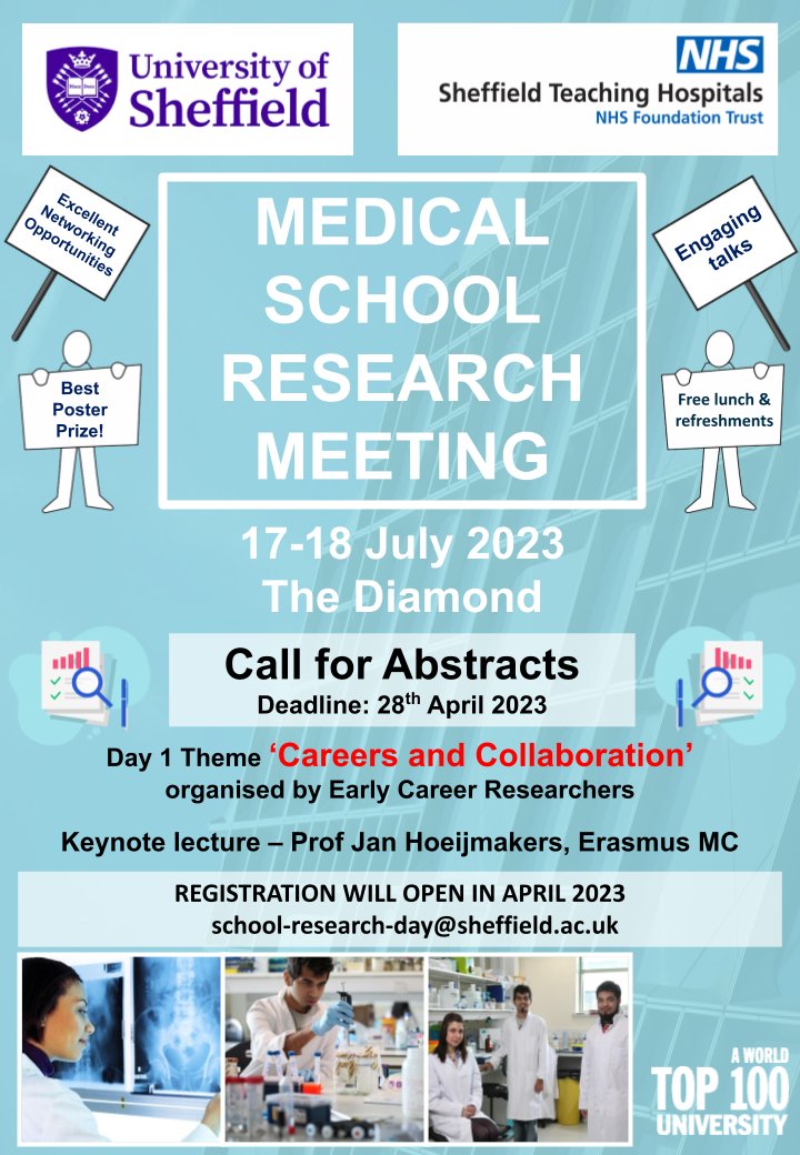 Registration for the 18th University of Sheffield Medical School Research Meeting is NOW OPEN! Submit your abstracts here - forms.gle/x5F4oGF78dafYU… by 17:00 on Friday 28th April 2023. And register here - forms.gle/cEYnwStmCLLvfS…