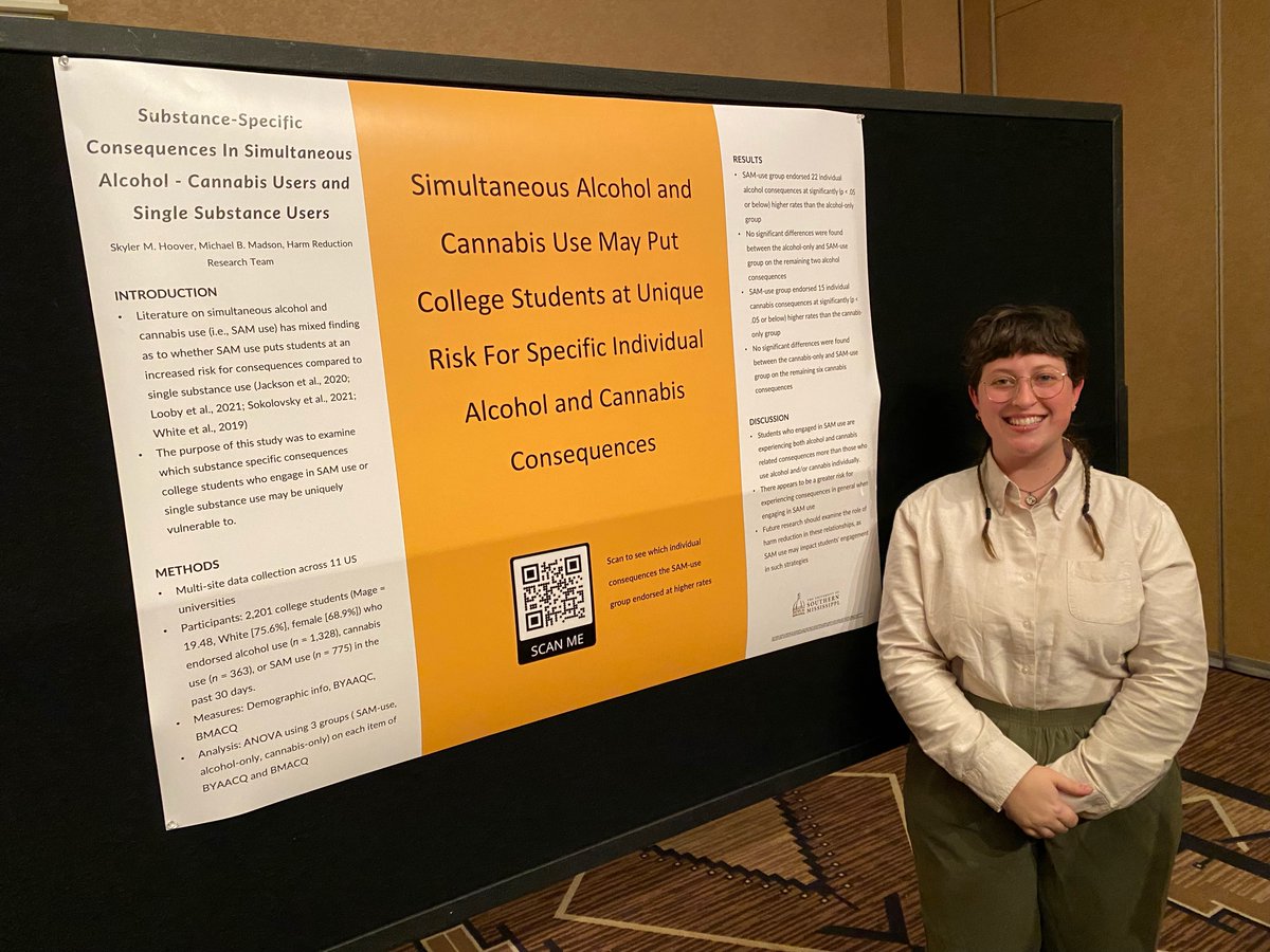 UsmBar's tweet photo. Great job Skyler presenting her research comparing college student who simultaneously use alcohol and cannabis with student who do not in relation to alcohol and cannabis consequences. #2023CPA https://t.co/eWPcdmNe84