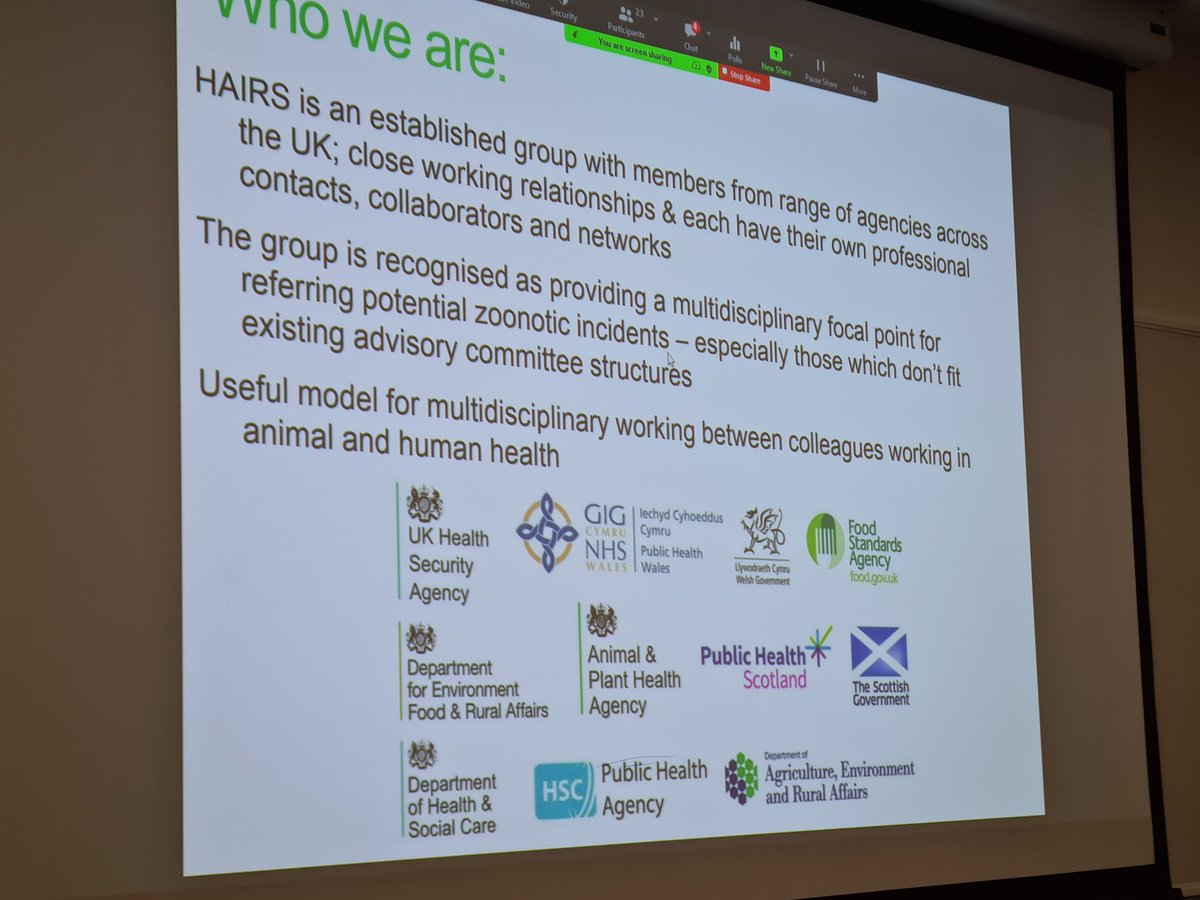 At <a href="/CityUniHealth/">School of Health & Medical (Clerkenwell)</a>'s One Health symposium, Dr Helen Rubbers (<a href="/DefraGovUK/">Defra UK</a>) describes her work for HAIRS (Human Animal Infections and Risk Surveillance) understanding emerging zoonotic diseases, and the importance of linking expertise in Public Health and Animal Health. #CitySHPS