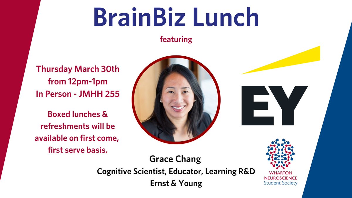 whartonbrain's tweet photo. It's #WiNSS Last #BrainBizLunch of the season & it's a great one! Grace Chang of @EYnews is coming to talk to our students about her journey & her work as a #CognitiveScientist in #Consulting this Thursday 3/30 at 12pm. Still a few spots so resist here: https://t.co/S8aAfH2pn5 https://t.co/eaFNsrrf3S