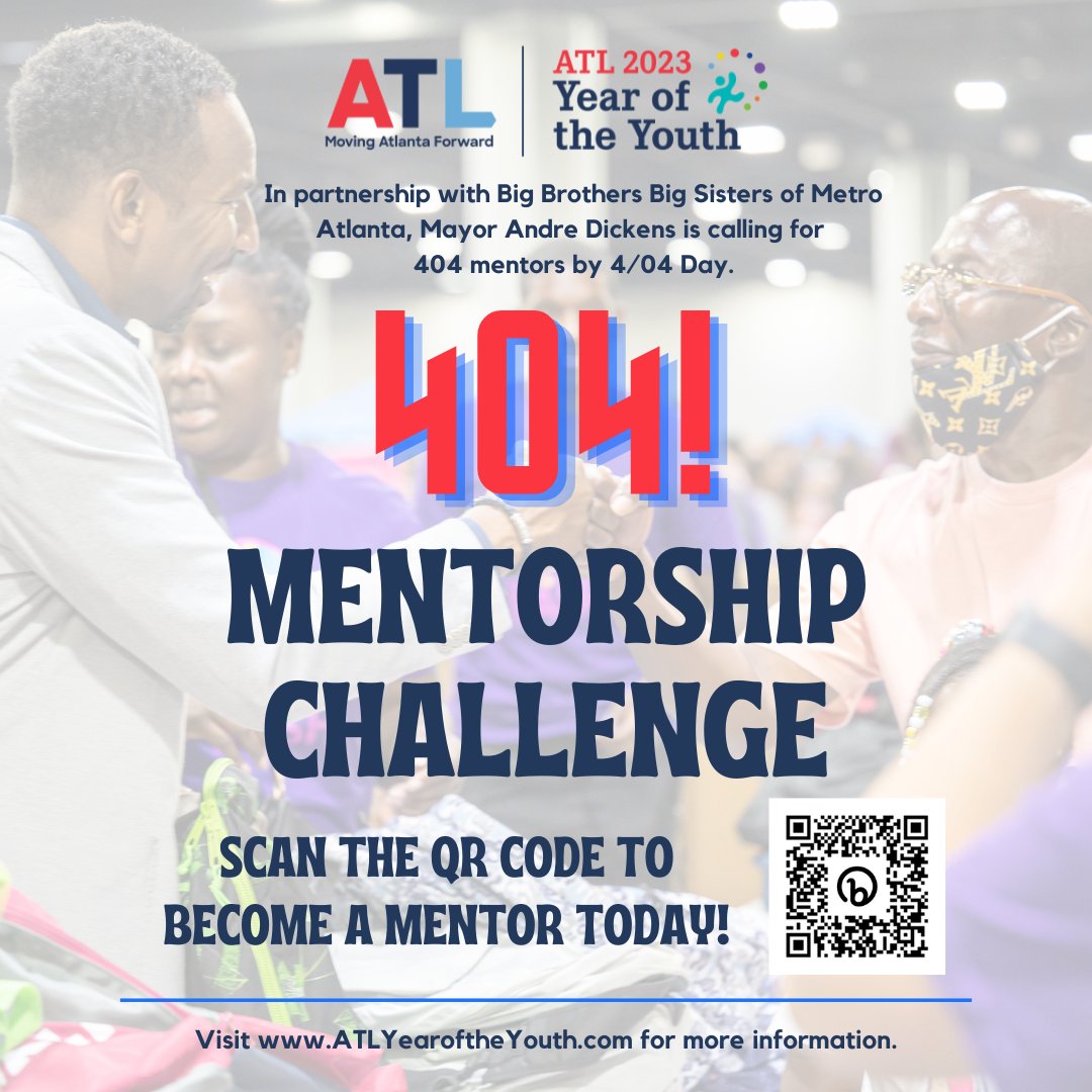 Atlanta, let’s show up for our young people! Help us register 404 new mentors by April 4th. Register to make a difference today : bit.ly/404AndMoreMent… #ATLYearofTheYouth