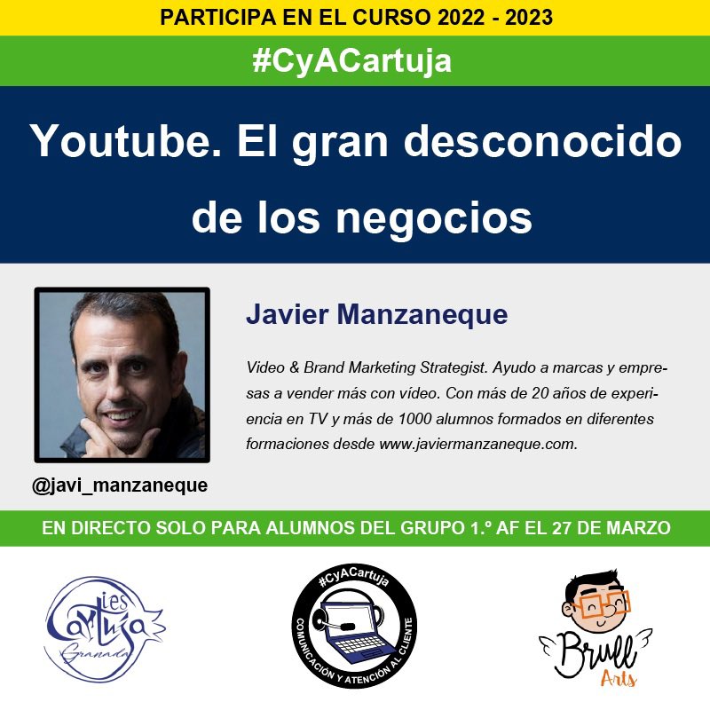 Y el último profesional que nos acompañará en el mes de marzo será @javi_manzaneque que nos hablará sobre #Youtube ¡no te lo pierdas! ¡Nos vemos el lunes 👏🏻👏🏻👏🏻

#CyAcartuja #FP #RRSS