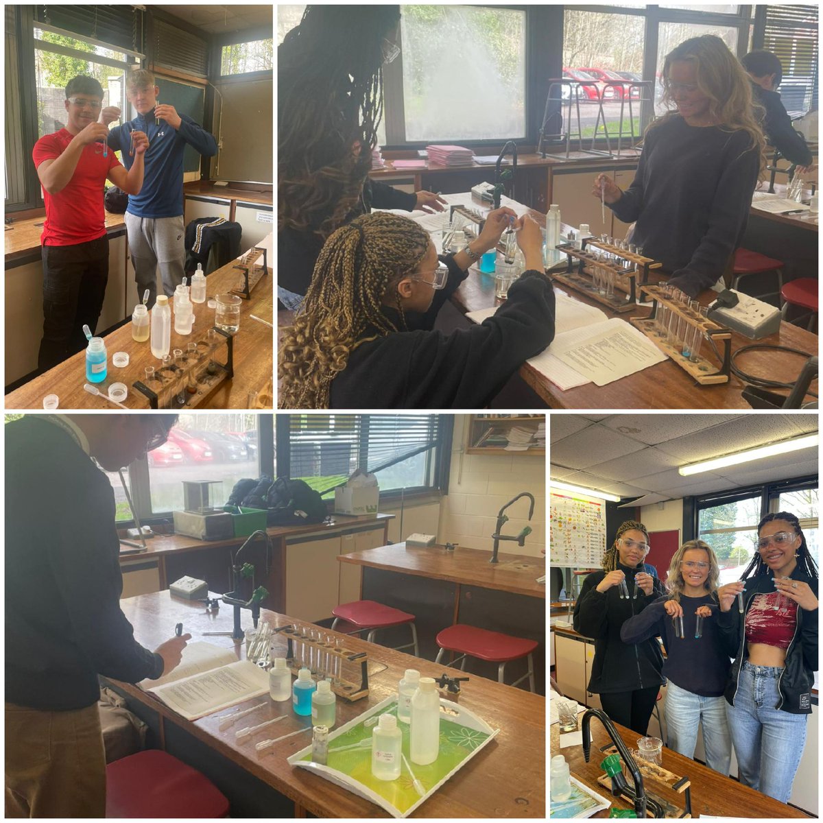 tsc_science's tweet image. Miss Bach and her Y13 identifying transition metal complexes with test-tube reactions.