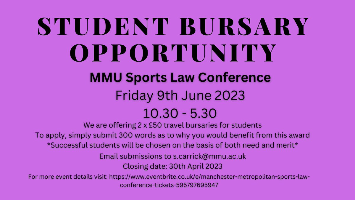 SarahCarrick92's tweet photo. Apply below for one of two travel bursaries to attend the MMU Sports Law Conference in Manchester in June ⬇️ @mmu_law @McrInstSport @SLSA_UK @MMU_FutureEcon https://t.co/kgWnthmZSy