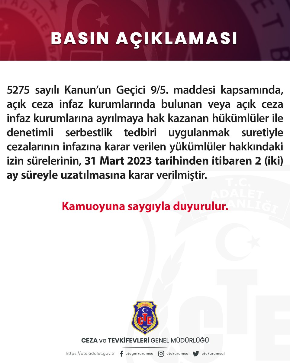 5275 Sayılı Kanun Kapsamında Uygulanan İzinler

➡️cte.adalet.gov.tr/Home/SayfaDeta…