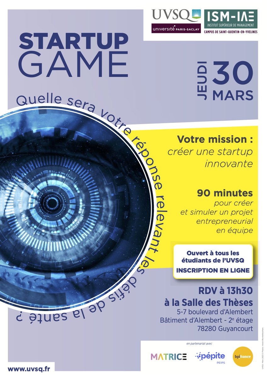 ISM_IAE's tweet image. [STARTUP GAME]

Venez participer à une après-midi autour de l&apos;#entrepreneuriat !

📅 Jeudi 30 mars à 13h30
📌 Salle des thèses - Bâtiment d&apos;Alembert 

Pour plus d&apos;infos 👇 
ISM-IAE #startupgame #innovation #entreprenariat #santé #startup 

ow.ly/oUQi50NmHWI