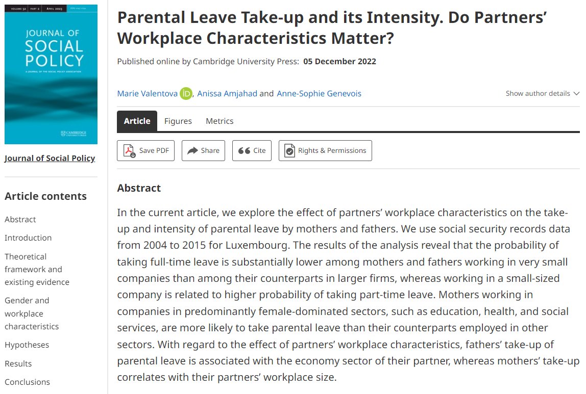 🆕 #OpenAccess article published in @JSP_Journal

📖 '#ParentalLeave Take-up and its Intensity. Do Partners’ Workplace Characteristics Matter? '  supported by @FnrLux 

✍️Co-authored by @LISER_LC's Marie Valentova, Anissa Amjahad & Anne-Sophie Genevois.

🔗doi.org/10.1017/S00472…