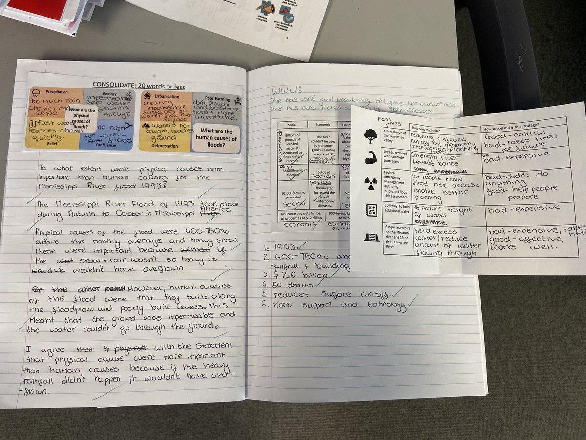 Super impressed with 9E today in their lesson on the Great Mississippi Flood 1993 🌊They assessed whether human or physical causes were more important in a GCSE style question &amp; peer assessed☔️🏘️Work below from Lily-Ana, Jasmine, Gurveer and Lexie🤩<a href="/AldersleyGeog/">Aldersley Geography</a> <a href="/AldersleyTeam9/">AldersleyTeam9</a>