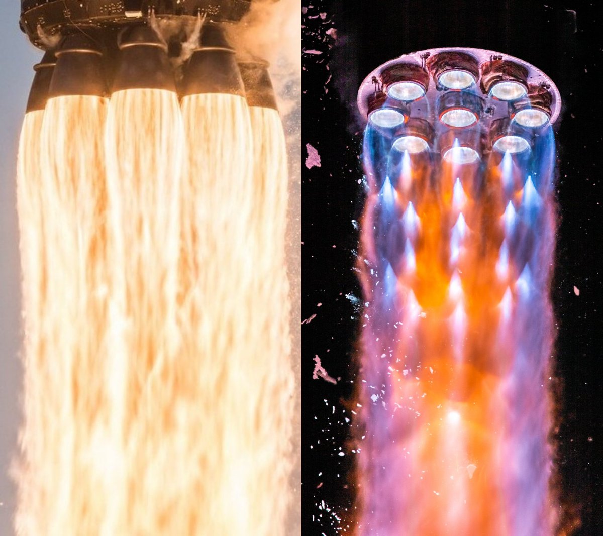 Rocket exhaust: 

@spacex #Falcon9's  Kerosine/Oxygen  system 
&
@relativityspace #Terran1's Methane/Oxygen system

#SpaceHour #RocketTwitter