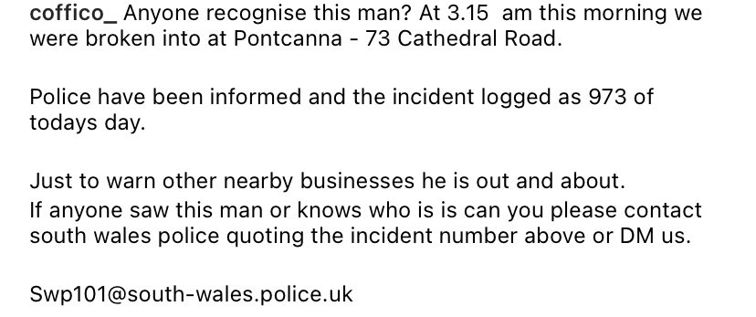 ILovesTheDiff's tweet image. CoffiCo was broken into in Pontcanna by this guy. Recognise him?