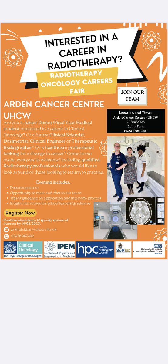 If you would like to see what amazing career opportunities there are within Radiotherapy &amp; Clinical Oncology then please get in touch with the Radiotherapy team at UHCW. They are holding a careers event on the 20th of April 🤩 see below for contact details 
<a href="/nhsuhcw/">UHCW NHS Trust</a> <a href="/careers_nhs/">NHSCareers</a>