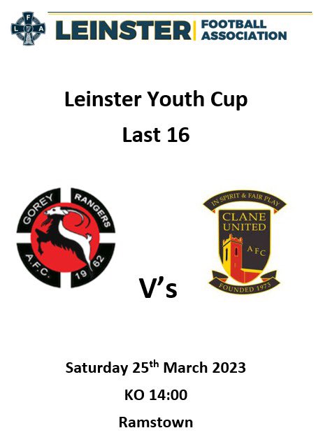 GoreyRangers's tweet photo. **SUPER SATURDAY**

**SFAI National Cup Double Header**

**Leinster Youth Cup**

Get yourself up to Ramstown this Saturday to support our U14, U15 &amp; U18 teams representing the Club in the final stages of the SFAI National and Leinster Youth Cups. https://t.co/b9VONQJNUp