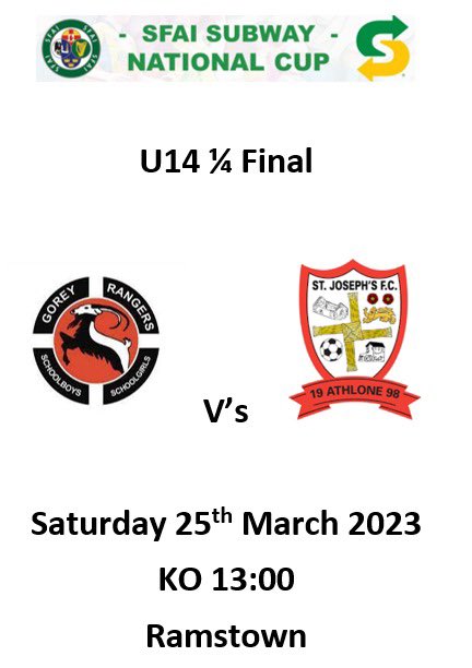 GoreyRangers's tweet photo. **SUPER SATURDAY**

**SFAI National Cup Double Header**

**Leinster Youth Cup**

Get yourself up to Ramstown this Saturday to support our U14, U15 &amp; U18 teams representing the Club in the final stages of the SFAI National and Leinster Youth Cups. https://t.co/b9VONQJNUp