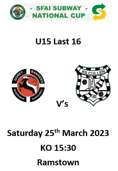 GoreyRangers's tweet photo. **SUPER SATURDAY**

**SFAI National Cup Double Header**

**Leinster Youth Cup**

Get yourself up to Ramstown this Saturday to support our U14, U15 &amp; U18 teams representing the Club in the final stages of the SFAI National and Leinster Youth Cups. https://t.co/b9VONQJNUp