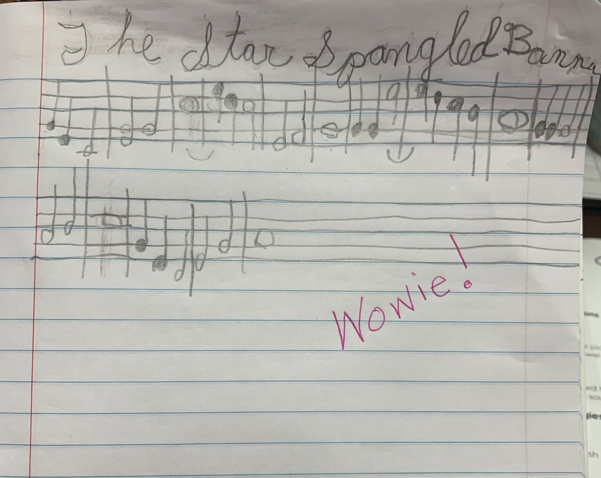 A 2nd grade teacher at <a href="/BESBartlett/">BESBartlett</a> asked her students to write a journal entry about the National Anthem. One of them submitted this paper. A young Mozart, perhaps? <a href="/NAfME/">nafme</a> #MIOSM <a href="/BartlettSchools/">BartlettCitySchools</a> <a href="/TNedu/">TN Dept of Education</a>