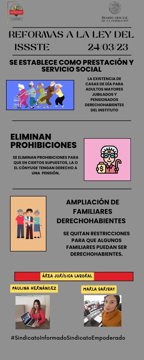 Conoce brevemente las reformas a la Ley del ISSSTE publicadas hoy en el DOF. Mayor información consulta el DOF.
@FEDESSP <a href="/agusaviles1/">Agustín Avilés</a> <a href="/mariogomezgg/">Mario  Gómez</a> <a href="/palomitarelowde/">María</a> <a href="/CarlosCruzCas11/">Carlos Cruz Castelán</a> <a href="/MarlaFedessp/">Marla Garibay</a> 
#SindicatoInformadoSindicatoEmpoderado
#FedesspInforma