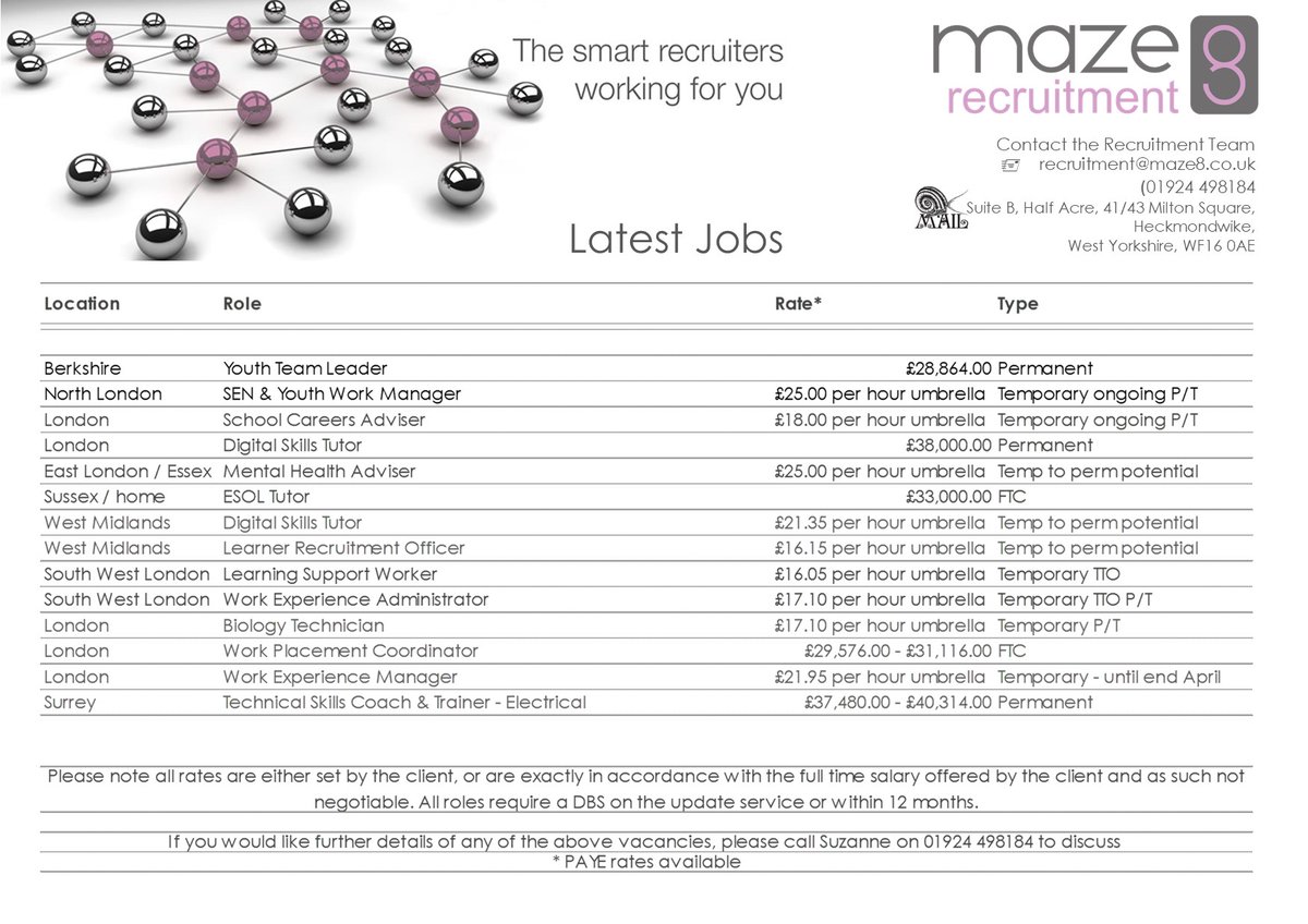 Take a look at some of our latest #jobvacancies here in #education and #fe #studentservices Contact <a href="/suzannedyda/">Suzanne Dyda</a> to discuss further 01924 498184